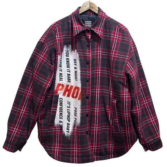 LIPHOP Men's Plaid Jacket O/S Gray Wool Snap Front Urban Streetwear Casual Chore - Picture 2 of 10